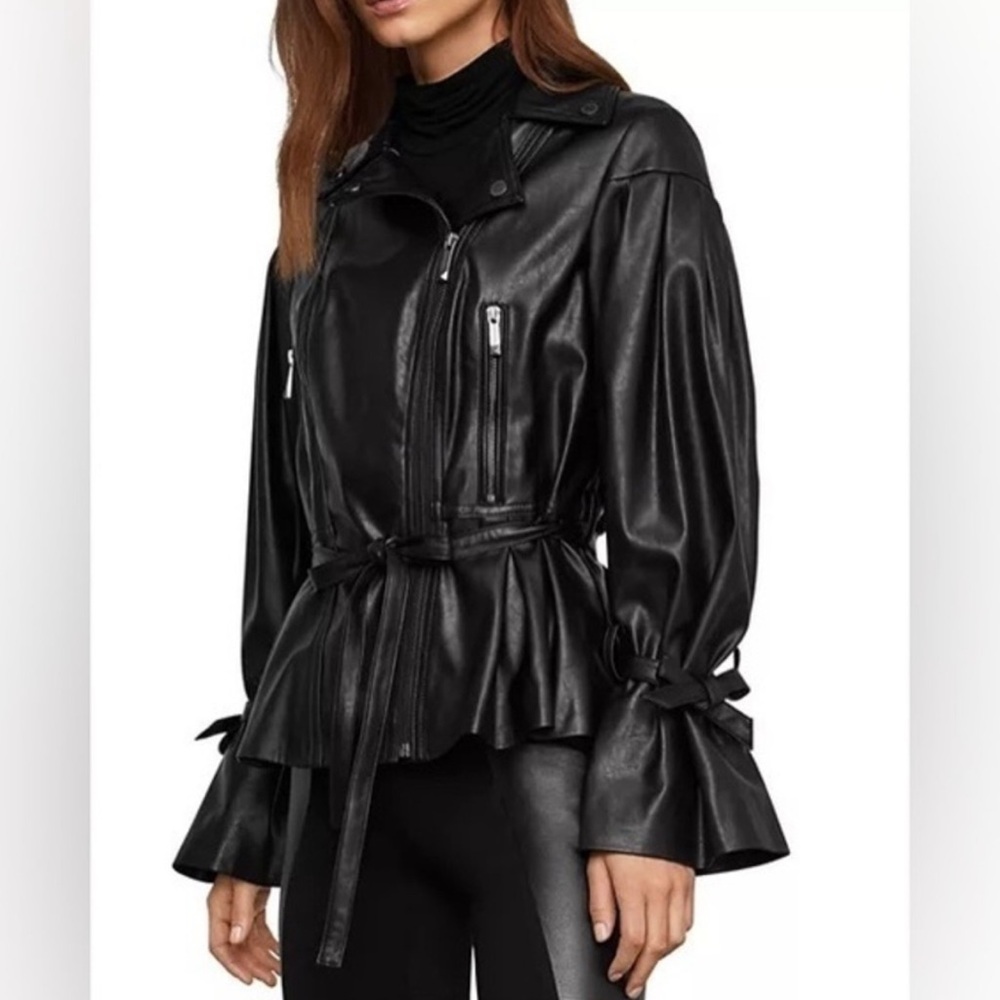 BCBGMaxazria Faux Leather Belted Jacket with Balloon Sleeves